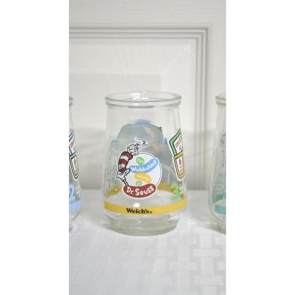 Vintage 1996 Welch Cat in The Hat Glass Jelly Jars, Complete Set of 6 Jars